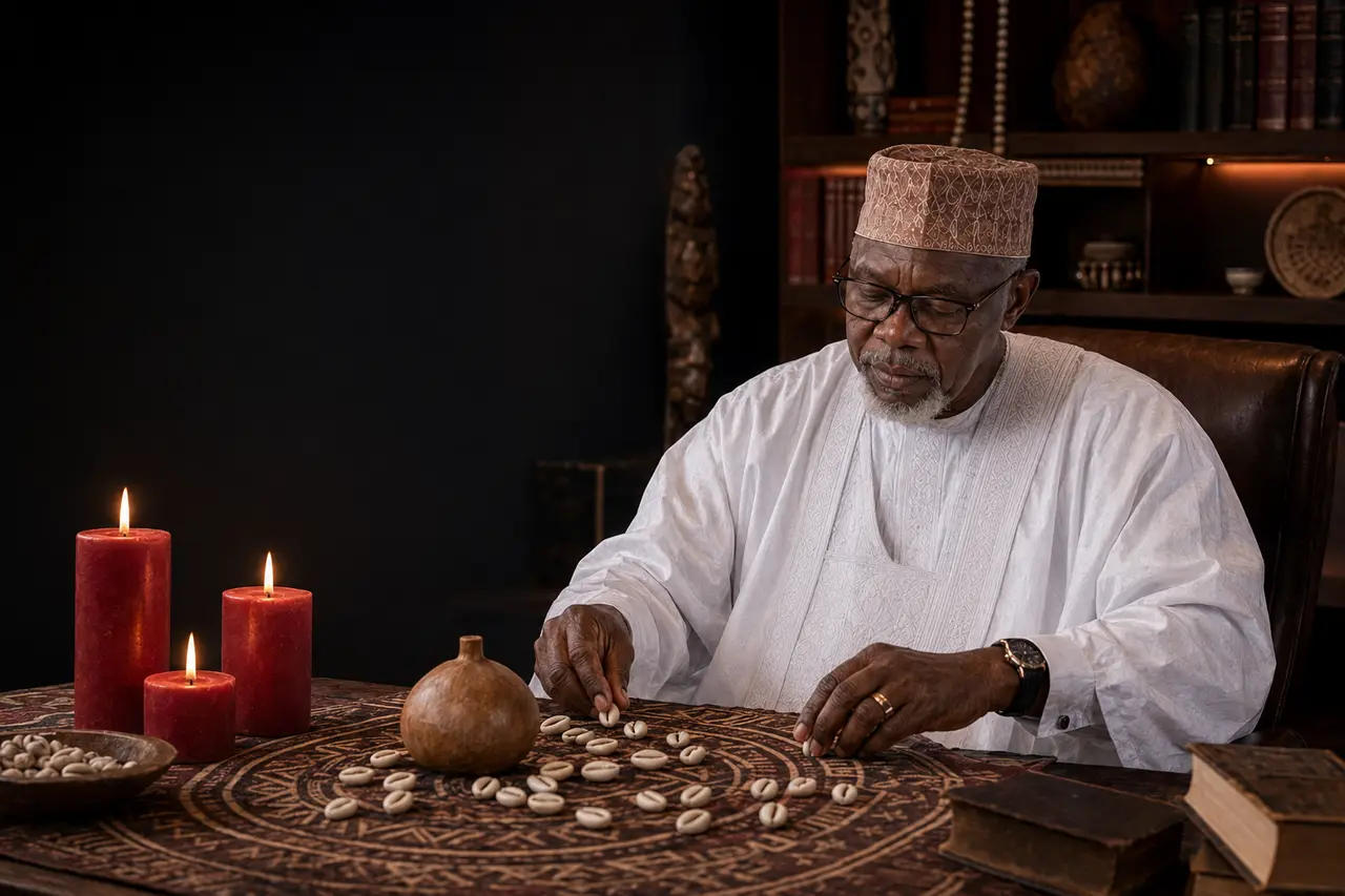 Professeur Souaré préparant une démarche spirituelle de protection